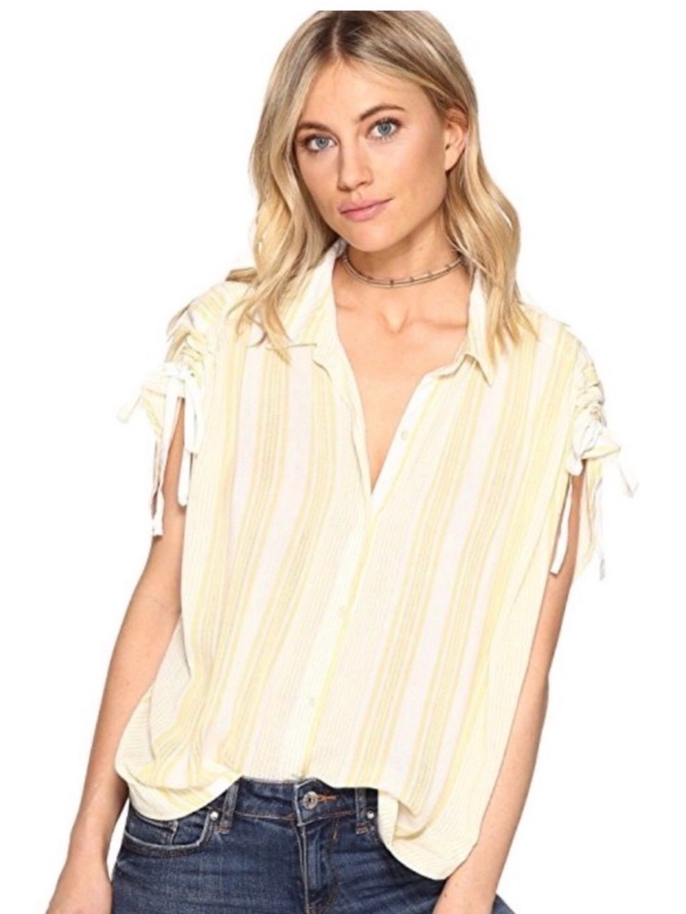 Free People Baby Blues Striped Button Down Tie Sleeve Top Size Large